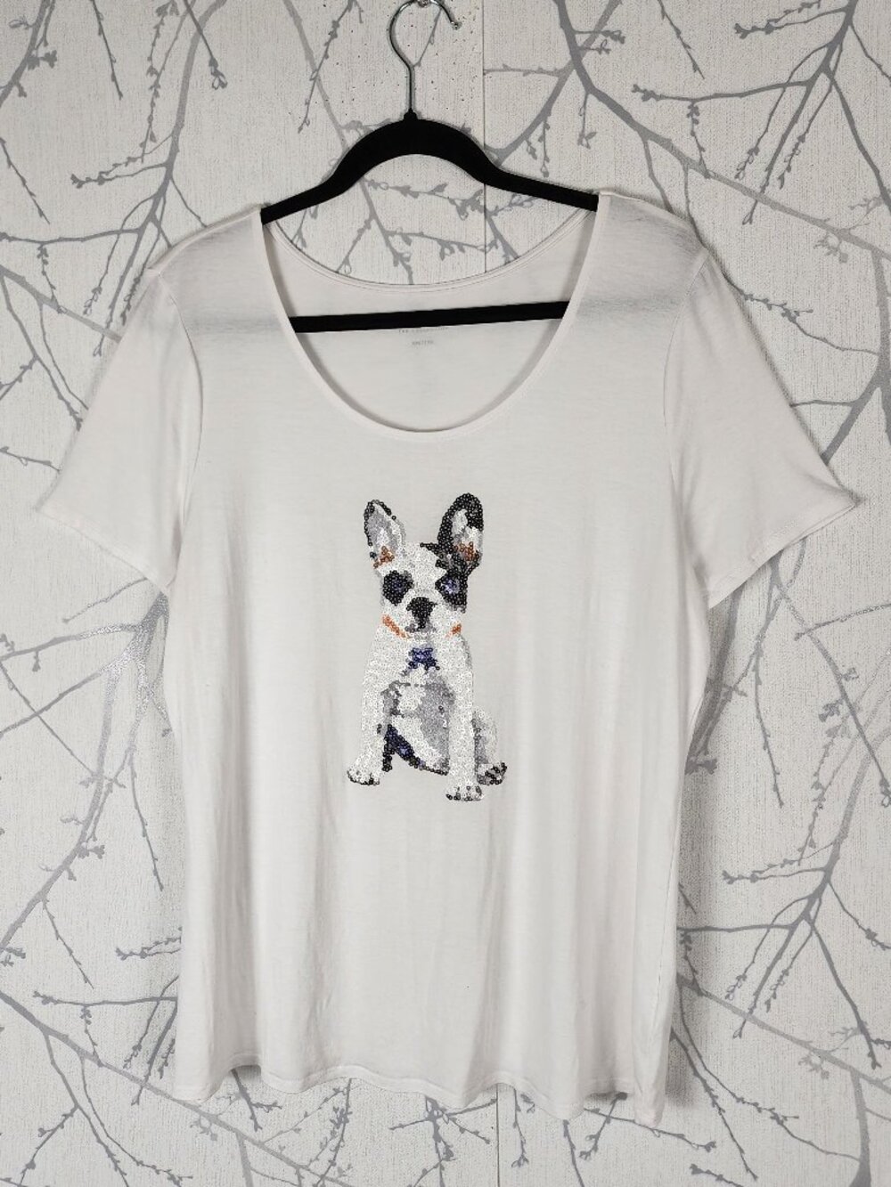 Reitmans White Stretch Jersey Frenchie Dog Sequin Tee